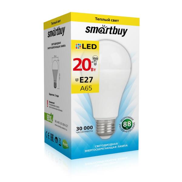

лампа светодиодная smartbuy led sbl-a65-20-30k-e27 е27 груша 20вт 3000к