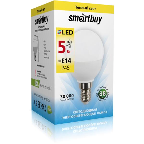 

лампа светодиодная smartbuy led sbl-p45-05-30k-e14 е14 шар 5вт 3000к