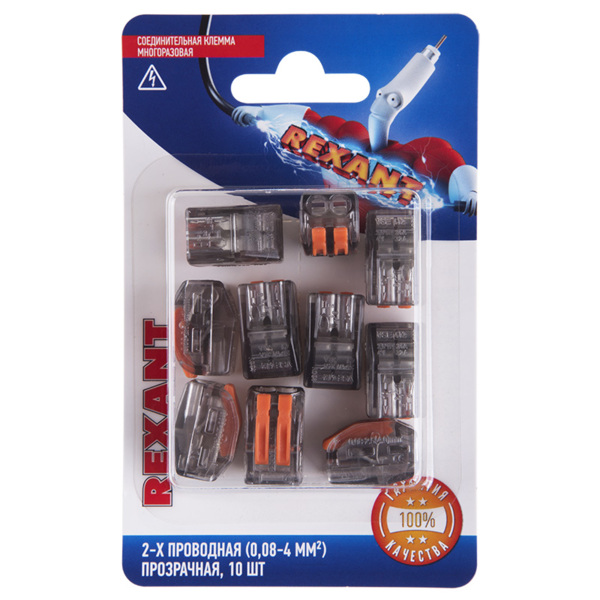 Фото Клемма соединительная 2-х проводная многоразовая (10шт), до 4,0мм2, 32а, прозр., rexant, 06-0203-b10
