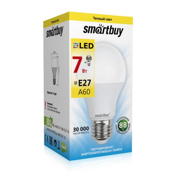 

лампа светодиодная smartbuy led sbl-a60-07-30k-e27-n е27 груша 7вт 3000к