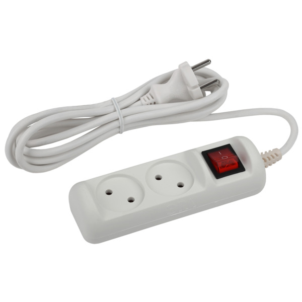 Фото Удлинитель бытовой (1,5м, 2 гнезда, с выкл., 10а, б/з, белый) эра u-2s-1,5m-2x1