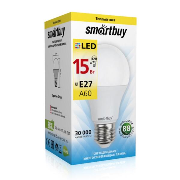 лампа светодиодная smartbuy led sbl-a60-15-30k-e27 е27 груша 15вт 3000к