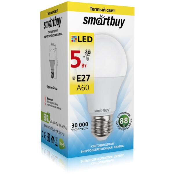 

лампа светодиодная smartbuy led sbl-a60-05-30k-e27-a е27 груша 5вт 3000к