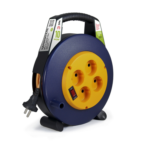 Фото Удлинитель силовой на катушке в закрытом корпусе (10м, 4 розетки, б/з, 6а, 1300вт) эра б0052923