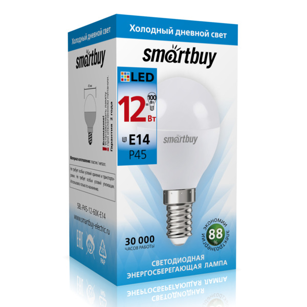 

лампа светодиодная smartbuy led sbl-p45-12-60k-e14 е14 шар 12вт 6000к