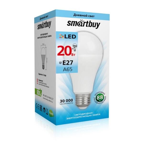 

лампа светодиодная smartbuy led sbl-a65-20-40k-e27 е27 груша 20вт 4000к