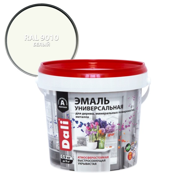 Эмаль dali универсальная белая полуматовая ral 9010 база а 0,9кг