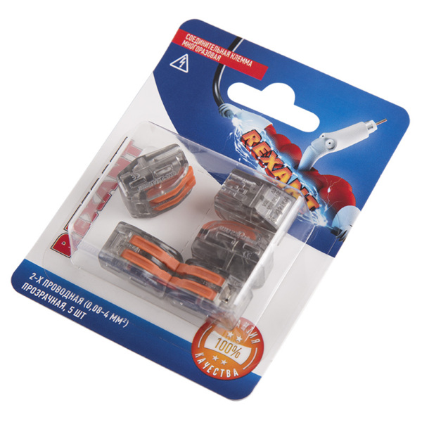 Фото Клемма соединительная 2-х проводная многоразовая (5шт), до 4,0мм2, 32а, прозр., rexant, 06-0203-a5