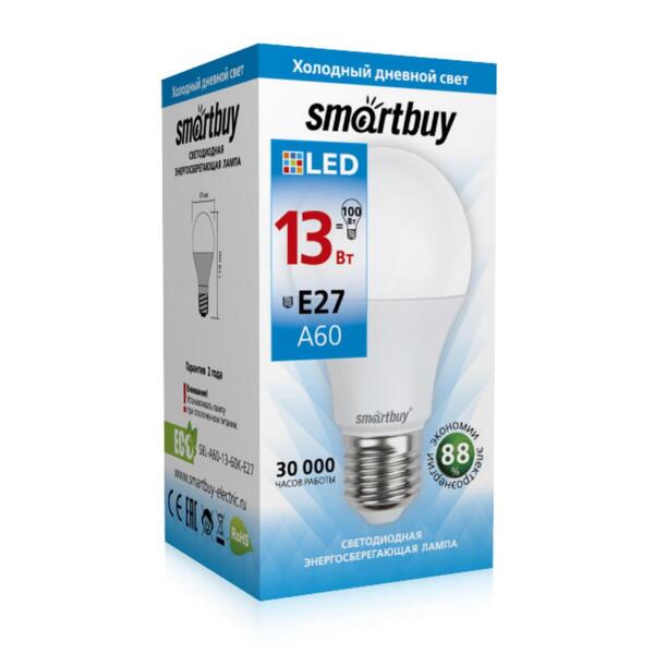 

лампа светодиодная smartbuy led sbl-a60-13-60k-e27 е27 груша 13вт 6000к