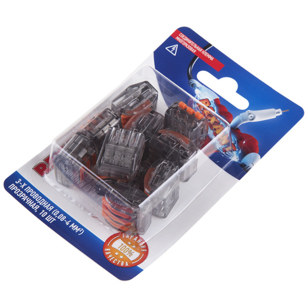 Фото Клемма соединительная 3-х проводная многоразовая (10шт), до 4,0мм2, 32а, прозр., rexant, 06-0204-b10