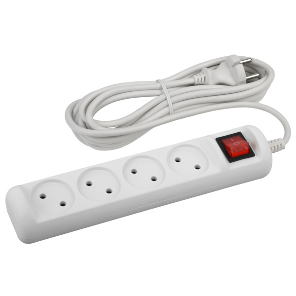 Фото Удлинитель бытовой (3м, 4 гнезда, с выкл., 10а, б/з, белый) эра u-4s-3m-2x1