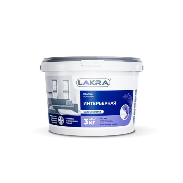 Фото Краска лакра интерьерная акриловая белоснежная 3кг