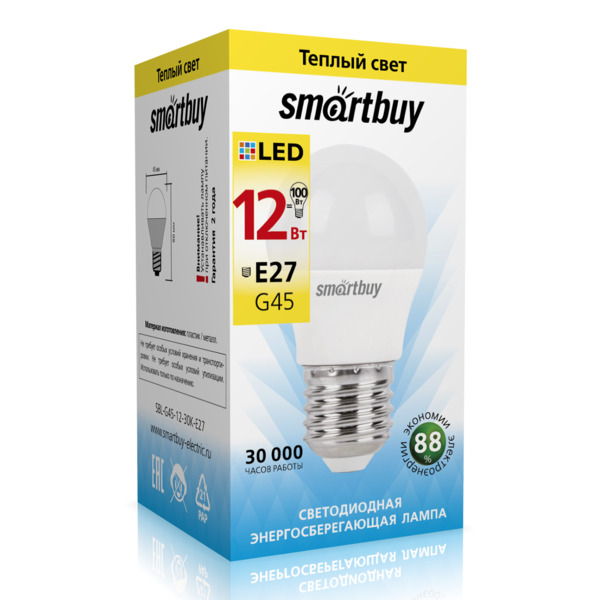 

лампа светодиодная smartbuy led sbl-g45-12-30k-e27 е27 шар 12вт 3000к