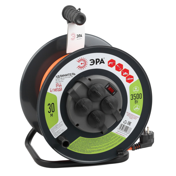 Фото Удлинитель силовой на металической катушке (30м, 4 розетки, с/з, 16а, 3500вт) ip44 эра б0046850