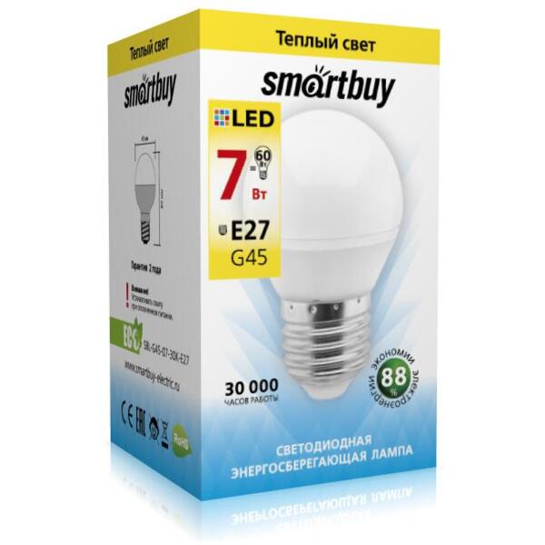 

лампа светодиодная smartbuy led sbl-g45-07-30k-e27 е27 шар 7вт 3000к