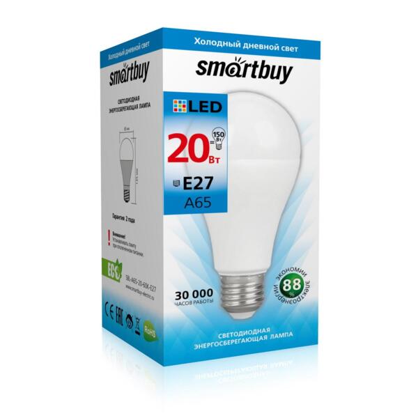 

лампа светодиодная smartbuy led sbl-a65-20-60k-e27 е27 груша 20вт 6000к