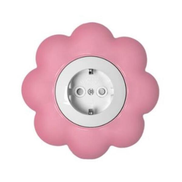 Фото Розетка 1-ая kranz happy ромашка, скрытая, с заземл. и защ.шторками, розовая/белая, kr-78-0625