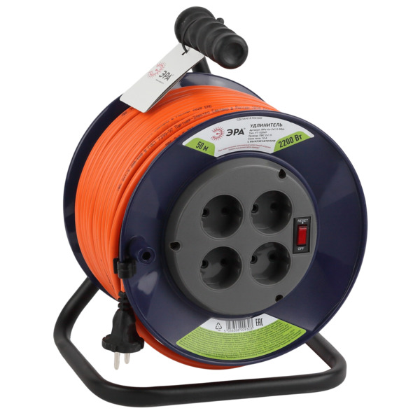 Фото Удлинитель силовой на катушке (50м, 4 розетки, б/з, 10а, 2200вт) эра б0046831
