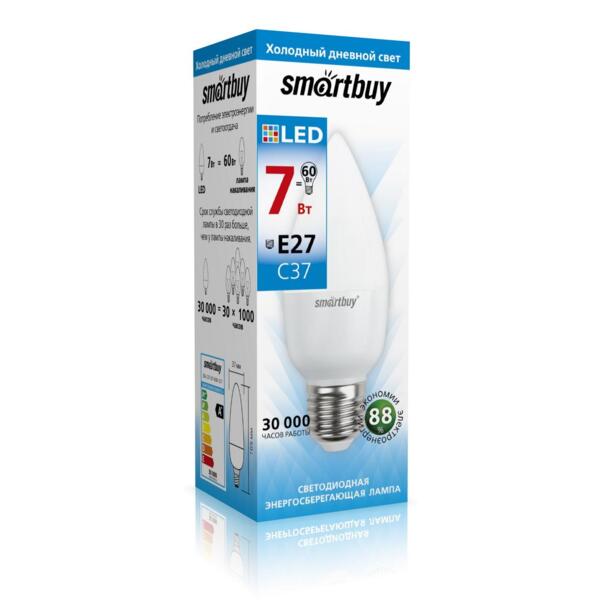 

лампа светодиодная smartbuy led sbl-c37-07-60k-e27 е27 свеча 7вт 6000к