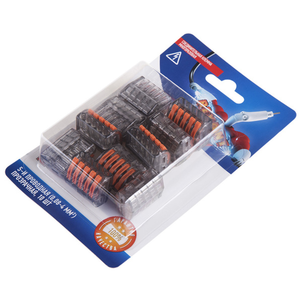 Фото Клемма соединительная 5-и проводная многоразовая (10шт), до 4,0мм2, 32а, прозр., rexant, 06-0205-c10