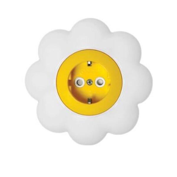 Фото Розетка 1-ая kranz happy ромашка, скрытая, с заземл. и защ.шторками, желтая/белая, kr-78-0622