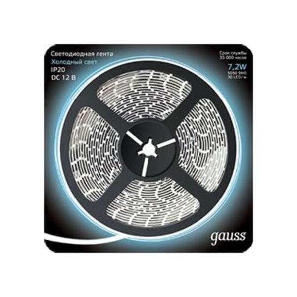 Фото Лента gauss led 312000307 5м 5050/30-smd 7.2w  12v dc холодный белый