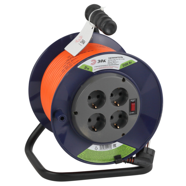 Фото Удлинитель силовой на катушке (30м, 4 розетки, с/з, 16а, 3500вт) эра б0043056