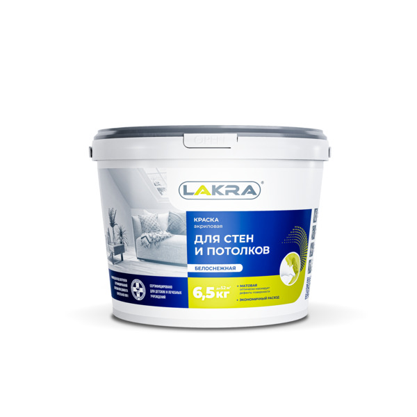 Фото Краска лакра для стен и потолков акриловая белоснежная 6,5кг