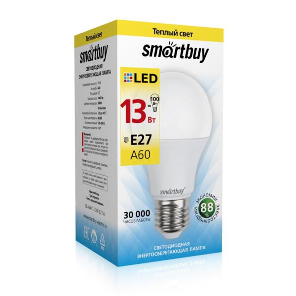 

лампа светодиодная smartbuy led sbl-a60-13-30k-e27-a е27 груша 13вт 3000к
