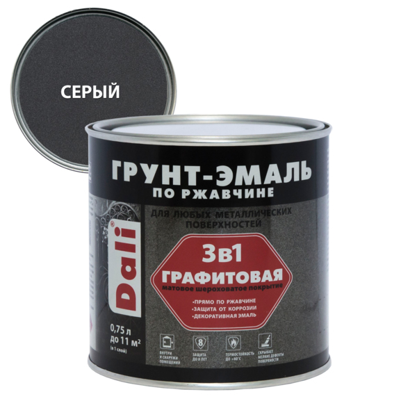 Фото Грунт-эмаль dali по ржавчине 3 в 1 графитовая серая 0,75л