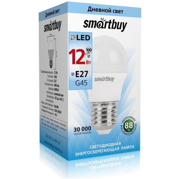 

лампа светодиодная smartbuy led sbl-g45-12-40k-e27 е27 шар 12вт 4000к