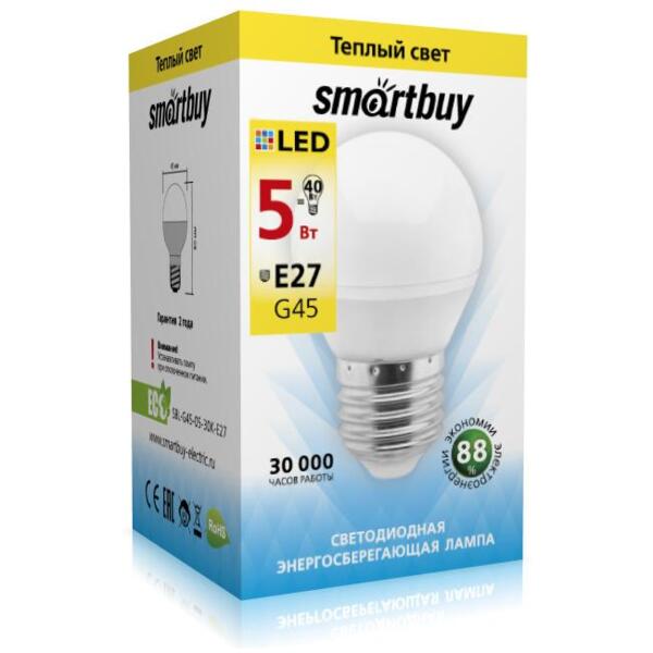 

лампа светодиодная smartbuy led sbl-g45-05-30k-e27 е27 шар 5вт 3000к