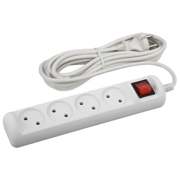 Фото Удлинитель бытовой (5м, 4 гнезда, с выкл., 10а, б/з, белый) эра u-4s-5m-2x1