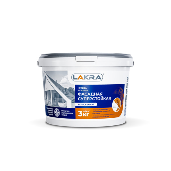 Фото Краска лакра фасадная суперстойкая белоснежная 3кг