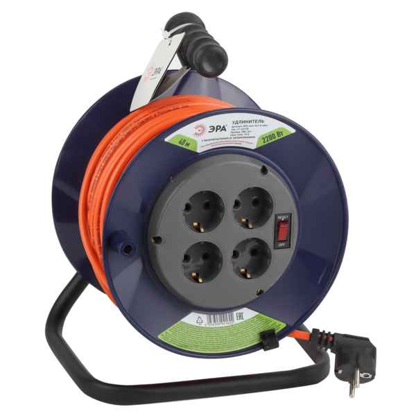 Фото Удлинитель силовой на катушке (40м, 4 розетки, с/з, 10а, 2200вт) эра б0043055