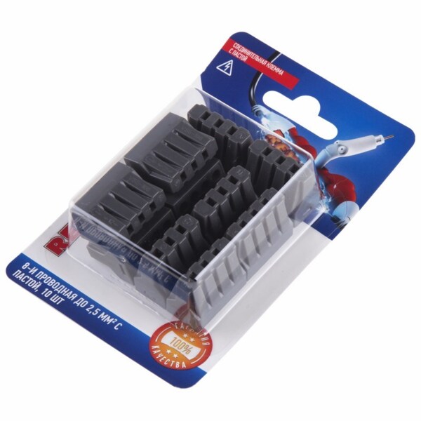 Фото Клемма соединительная 8-и проводная одноразовая (10шт) с пастой, до 2,5мм2, 24а, rexant, 06-0209-b10