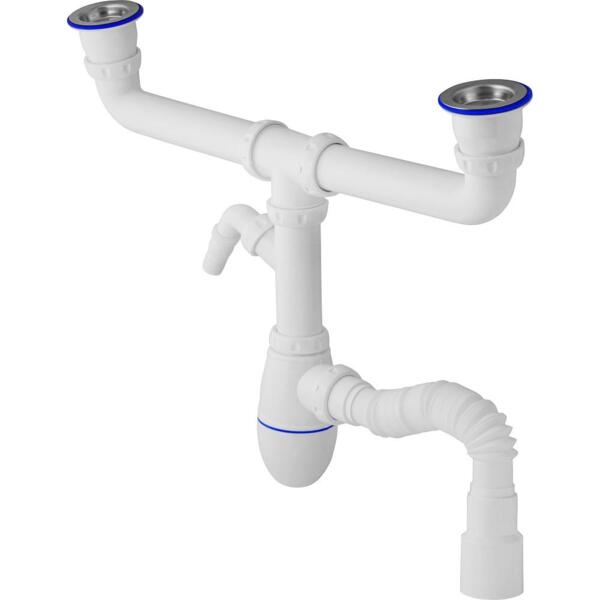 Фото Сифон для раковины двойной с вып. 1 1/2 с чаш.нерж. o112,отвод стир.маш. и гиб.отв unicorn ис.110317