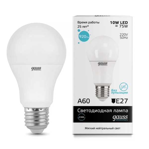 

лампа светодиодная gauss 23220 led elementary a60 10w e27 4100k