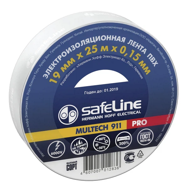 

изолента пвх 19мм*25м*0,15мм белая, safeline pro, Белый