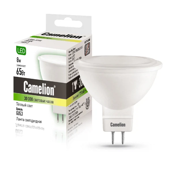 

лампа светодиодная camelion gu5.3 led8-s108/830/ 8вт