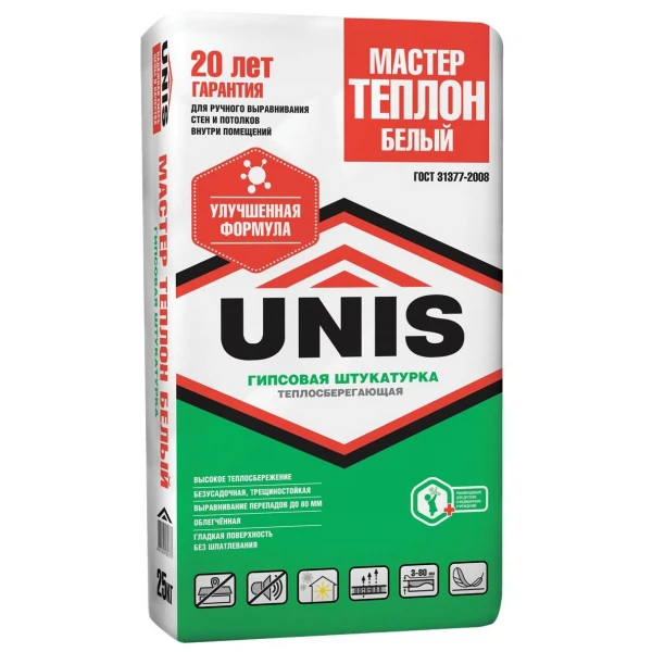 штукатурка гипсовая белая unis мастер теплон, 25 кг