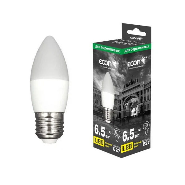 

лампа светодиодная econ led cn 6,5вт e27 3000k b35 es