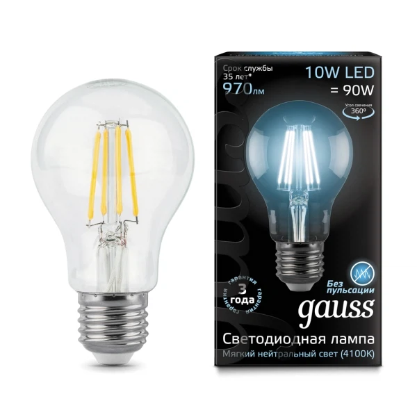 

лампа светодиодная gauss филаментная e27 a60 10w 4100к