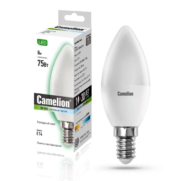 

лампа светодиодная camelion 12386 e14 led8-c35/845 8вт 4500k