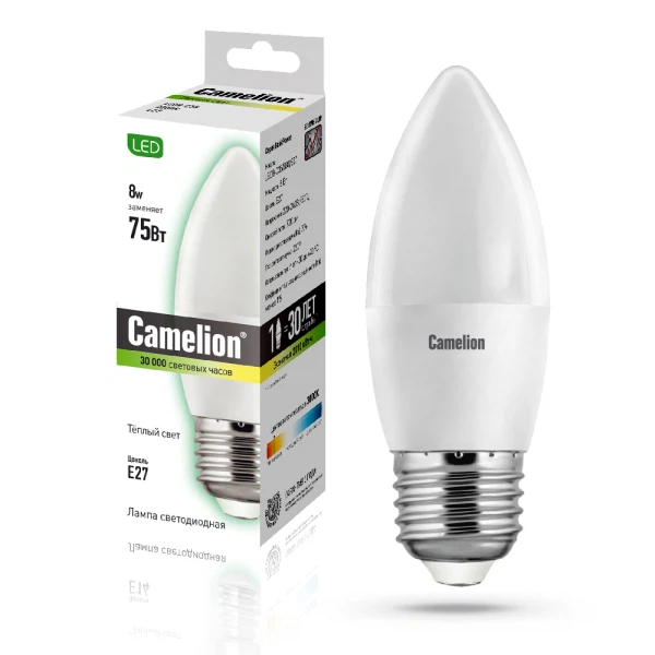 

лампа светодиодная camelion 12390 e27 led8-c35/845 8вт 4500k