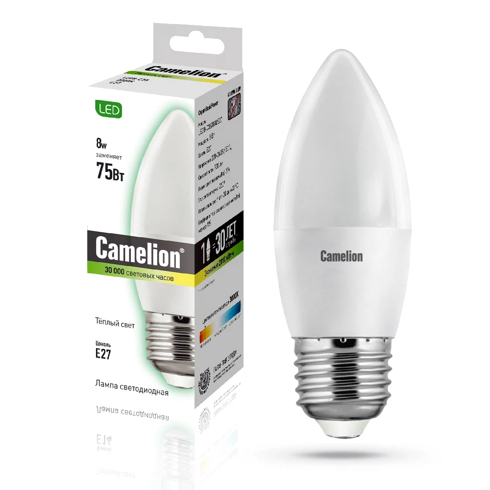 Изображение товара Лампа светодиодная Camelion 12390 E27 LED8-C35/845 8Вт 4500K Изображение товара Лампа светодиодная Camelion 12390 E27 LED8-C35/845 8Вт 4500K