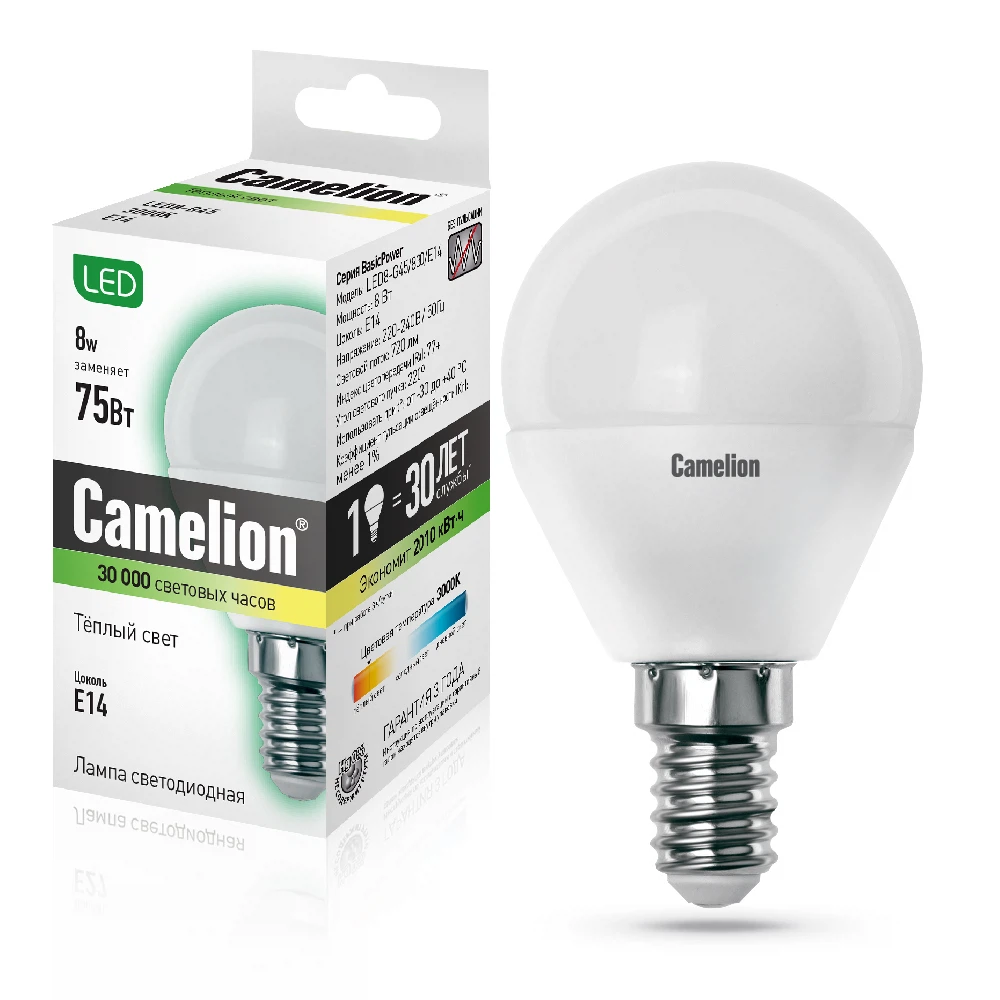 Изображение товара Светодиодная лампа Camelion E14 8 Вт теплый свет шар LED8-G45/830