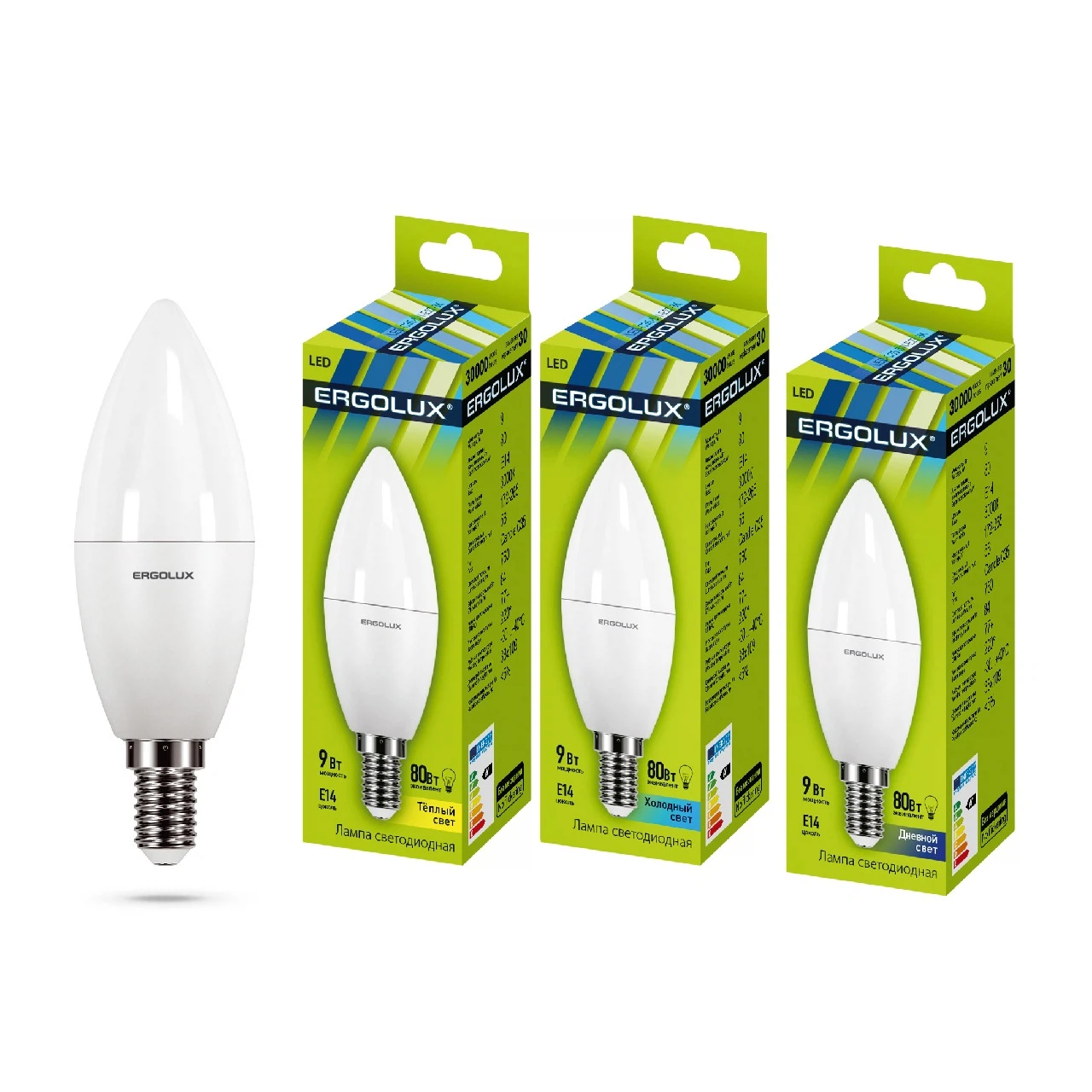 Изображение товара Лампа светодиодная Ergolux 13168 Е14 9Вт Свеча 220Вт 4500К