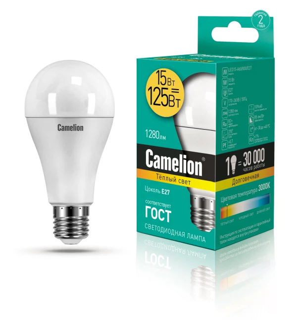

лампа светодиодная camelion e27 led15-a60/830 15вт 3000k