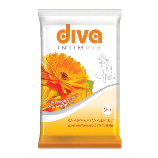 

салфетки влажные diva 20шт для интимной гигиены c экстрактом календулы